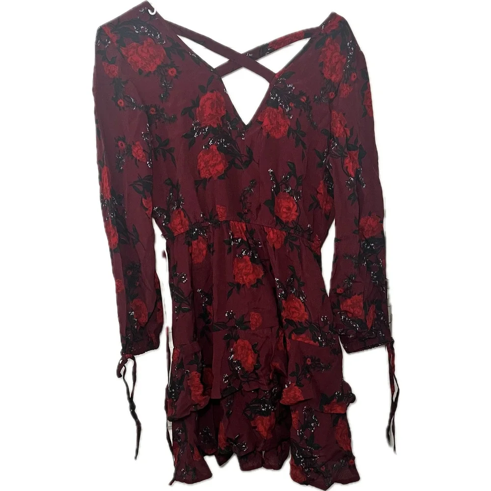 Women's Band of gypsies burgundy floral faux wrap dress Size S - Picture 2 of 6